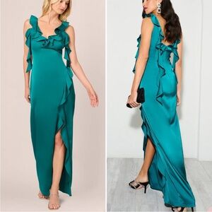 Adrianna papell deep emerald satin ruffle dress gown